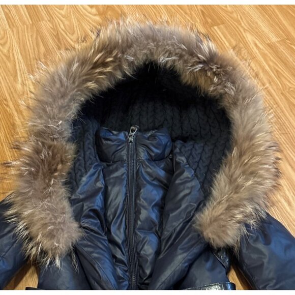 Rudsak Womens TP/XS Navy Down Long Coat With Fur Trim Hood Leather Accents - Picture 4 of 16
